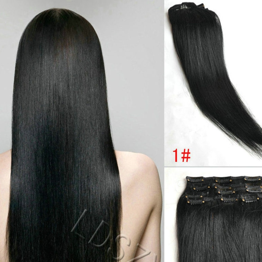 8 Pcs with 18 clips Hair Extensions 23" Jet Black Straight New in Package